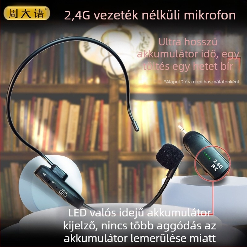Fejhallgató-mikrofon konferenciákhoz beépített akkumulátorral, 300–500 mAh, szuperkardioid felvétel, frekvenciasáv 100 Hz–20 kHz, SNR ≥75 dB