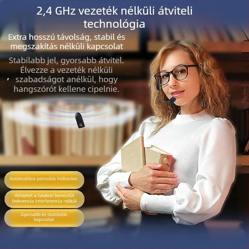 Fejhallgató-mikrofon konferenciákhoz beépített akkumulátorral, 300–500 mAh, szuperkardioid felvétel, frekvenciasáv 100 Hz–20 kHz, SNR ≥75 dB