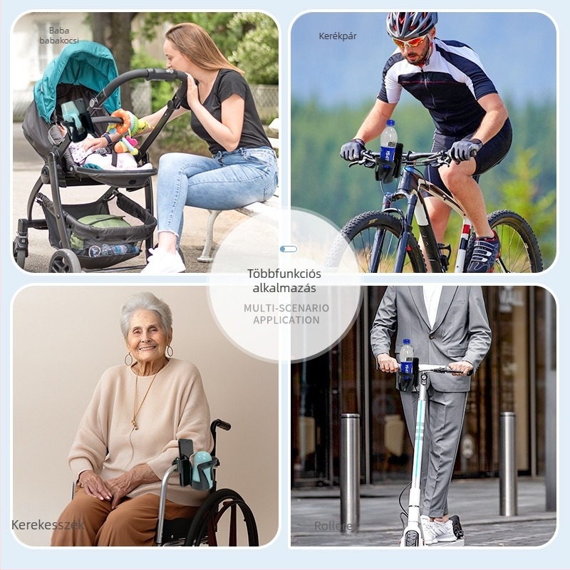 Universális babakocsi pohártartó — pohárhoz és italokhoz — ABS anyag — kompatibil babakocsival és kerékpárral — magánmárkákhoz igazítható