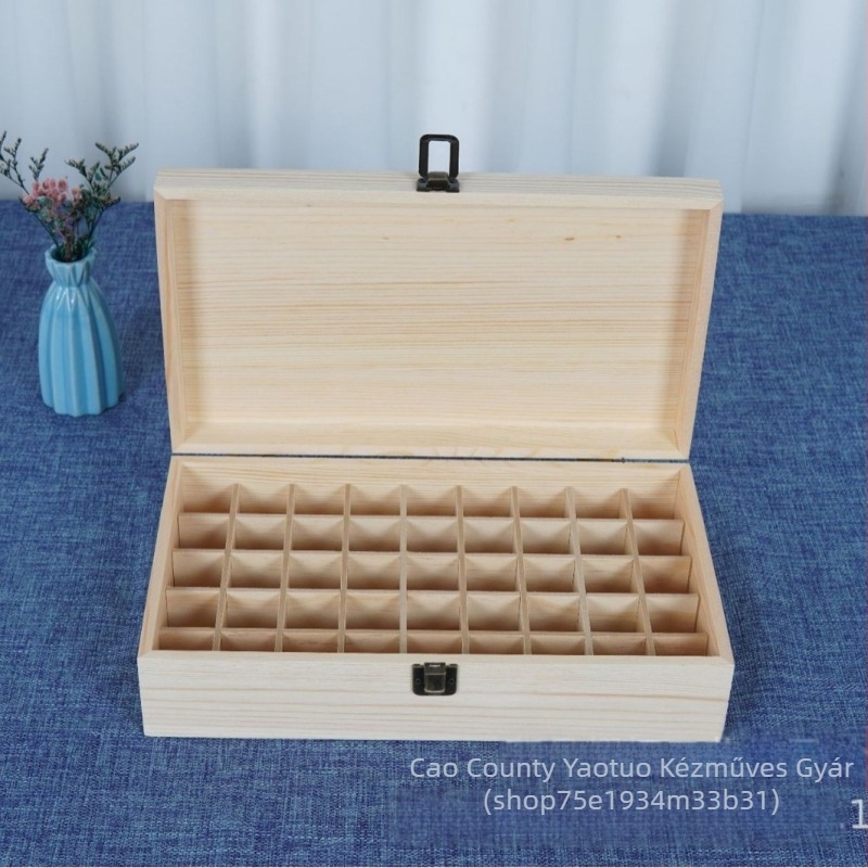 Fából készült illóolaj tároló doboz, több rekeszével, asztali kivitel, lehajtható fedél, logó nyomtatható