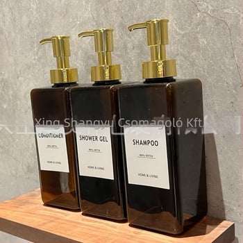 Szögletes pumpás műanyag üveg szállodai felhasználásra – kondicionáló, lotion, masszázsolaj (Eredet: Shaoxing, Zhejiang; Anyag: PET; Gyártási technológia: Blow molding; Csomagolás: Kozmetikai csomagolás)