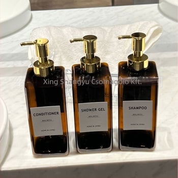 Szögletes pumpás műanyag üveg szállodai felhasználásra – kondicionáló, lotion, masszázsolaj (Eredet: Shaoxing, Zhejiang; Anyag: PET; Gyártási technológia: Blow molding; Csomagolás: Kozmetikai csomagolás)