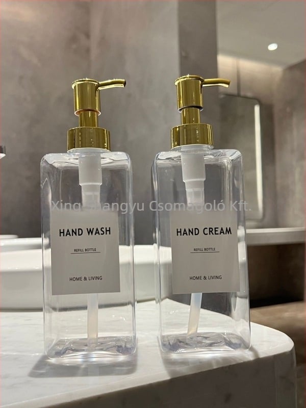 Szögletes pumpás műanyag üveg szállodai felhasználásra – kondicionáló, lotion, masszázsolaj (Eredet: Shaoxing, Zhejiang; Anyag: PET; Gyártási technológia: Blow molding; Csomagolás: Kozmetikai csomagolás)