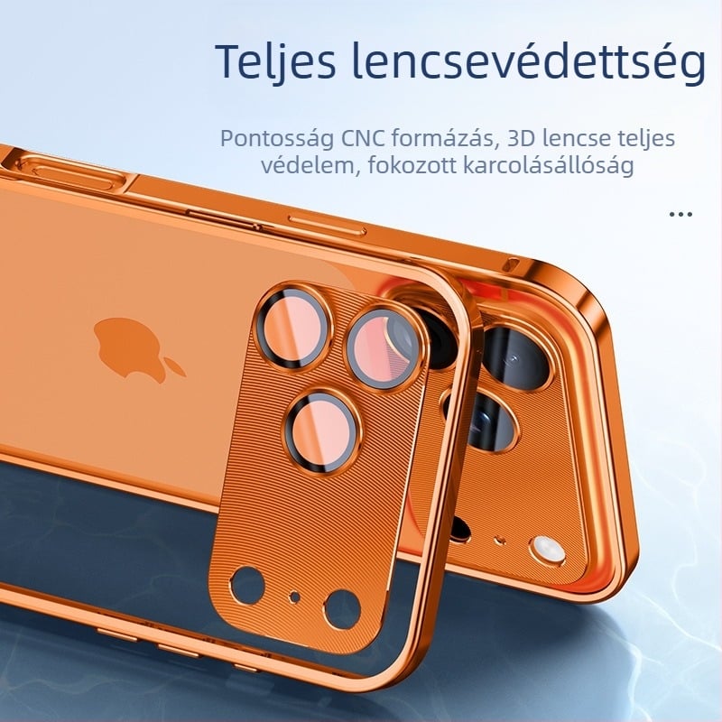 Fém keretű iPhone tok lencsevédő fóliával; kompatibilis az iPhone 17 Pro Max és 16 Pro modellekkel; anyag: fém; gyártás: forró hajlítás; funkciók: ütésálló, hőelvezetés, nyomok elleni védelem.