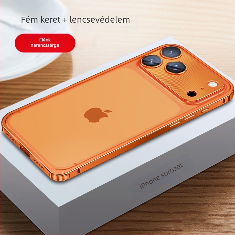 Fém keretű iPhone tok lencsevédő fóliával; kompatibilis az iPhone 17 Pro Max és 16 Pro modellekkel; anyag: fém; gyártás: forró hajlítás; funkciók: ütésálló, hőelvezetés, nyomok elleni védelem.