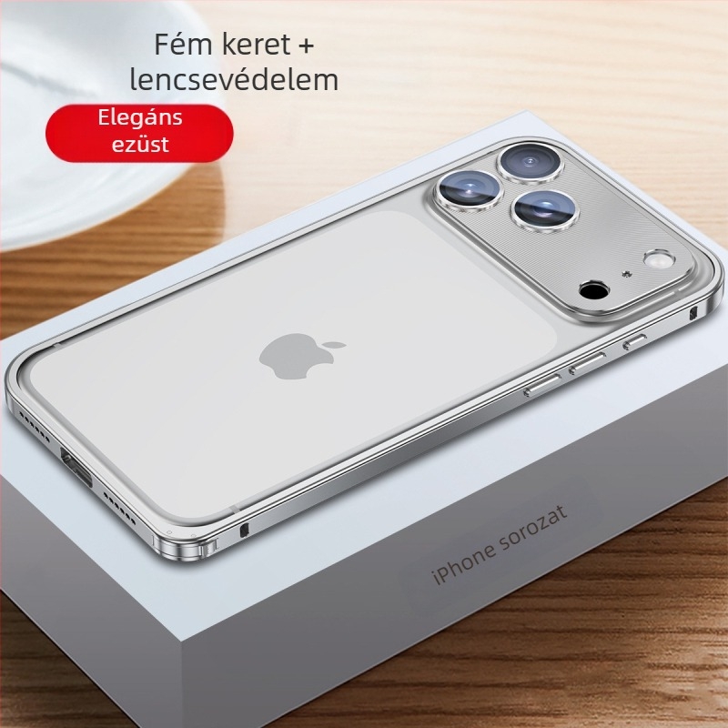Fém keretű iPhone tok lencsevédő fóliával; kompatibilis az iPhone 17 Pro Max és 16 Pro modellekkel; anyag: fém; gyártás: forró hajlítás; funkciók: ütésálló, hőelvezetés, nyomok elleni védelem.