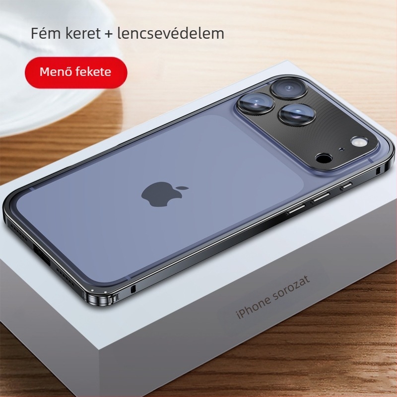 Fém keretű iPhone tok lencsevédő fóliával; kompatibilis az iPhone 17 Pro Max és 16 Pro modellekkel; anyag: fém; gyártás: forró hajlítás; funkciók: ütésálló, hőelvezetés, nyomok elleni védelem.