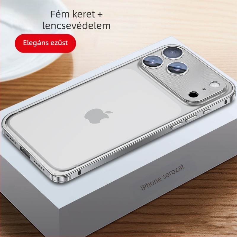 Fém keretű iPhone tok lencsevédő fóliával; kompatibilis az iPhone 17 Pro Max és 16 Pro modellekkel; anyag: fém; gyártás: forró hajlítás; funkciók: ütésálló, hőelvezetés, nyomok elleni védelem.