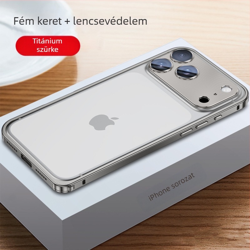 Fém keretű iPhone tok lencsevédő fóliával; kompatibilis az iPhone 17 Pro Max és 16 Pro modellekkel; anyag: fém; gyártás: forró hajlítás; funkciók: ütésálló, hőelvezetés, nyomok elleni védelem.
