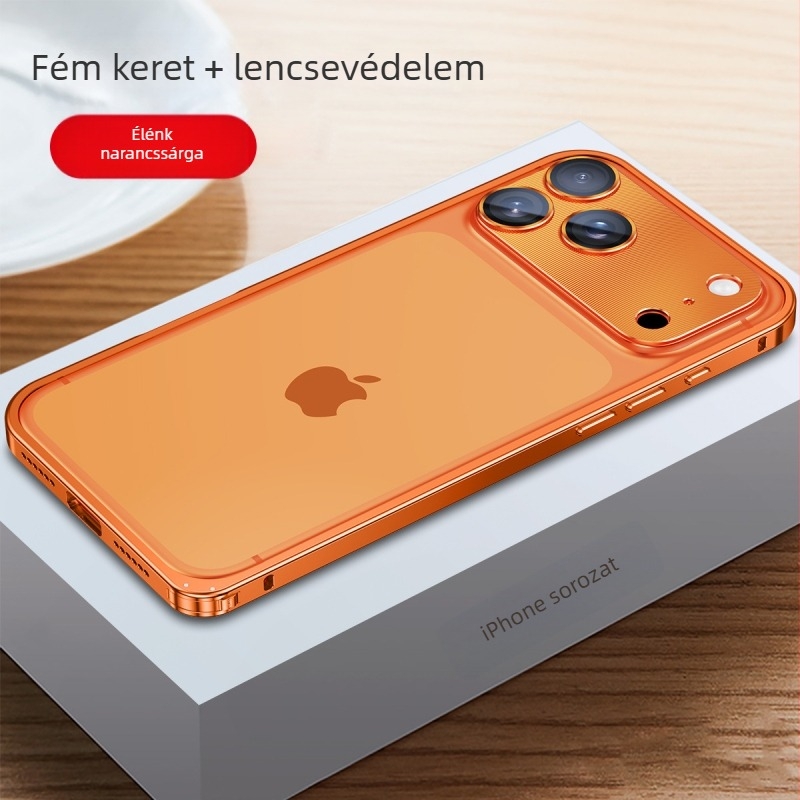 Fém keretű iPhone tok lencsevédő fóliával; kompatibilis az iPhone 17 Pro Max és 16 Pro modellekkel; anyag: fém; gyártás: forró hajlítás; funkciók: ütésálló, hőelvezetés, nyomok elleni védelem.