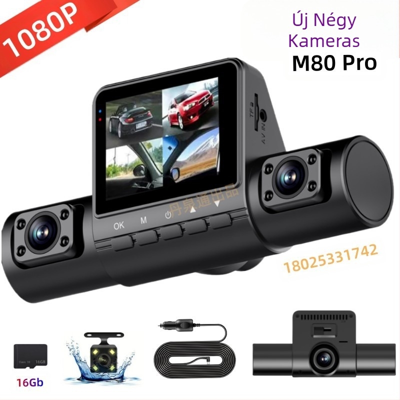 M80 Pro autós dash cam négy lencsés, infravörös, 1080p, 170° látószög, 2,0 hüvelykes kijelző