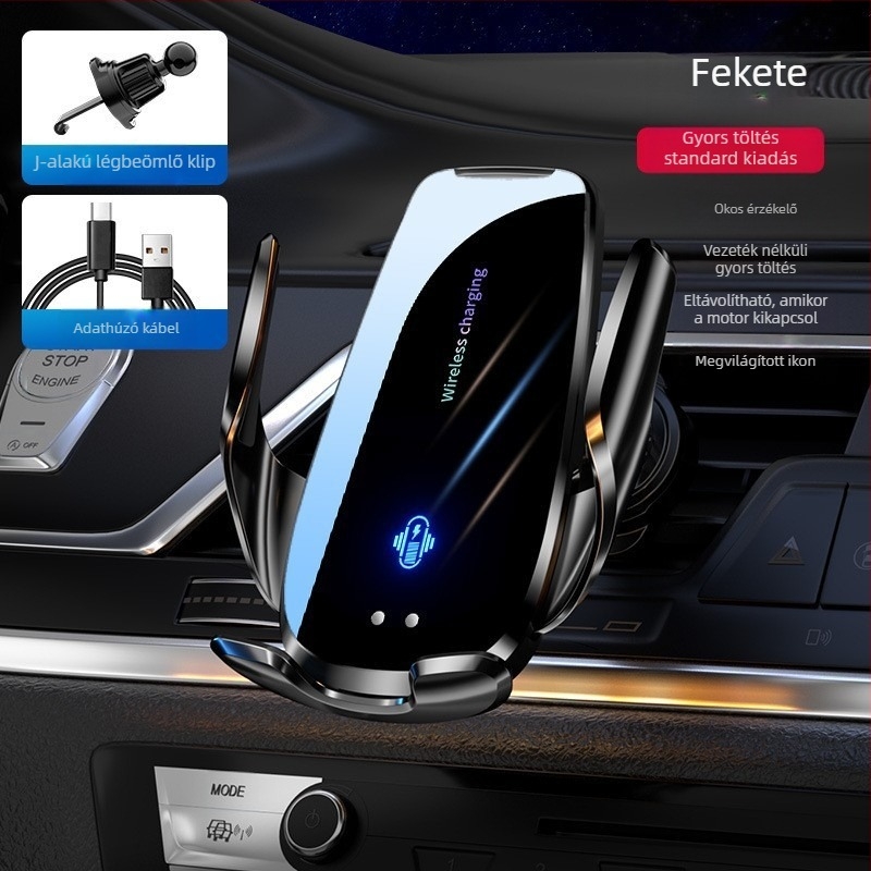 Autótelefon-tartó, légcsatornába rögzíthető, szenzoros automatikus nyitás-zárás, 15W vezeték nélküli töltés, Snap-On rögzítés