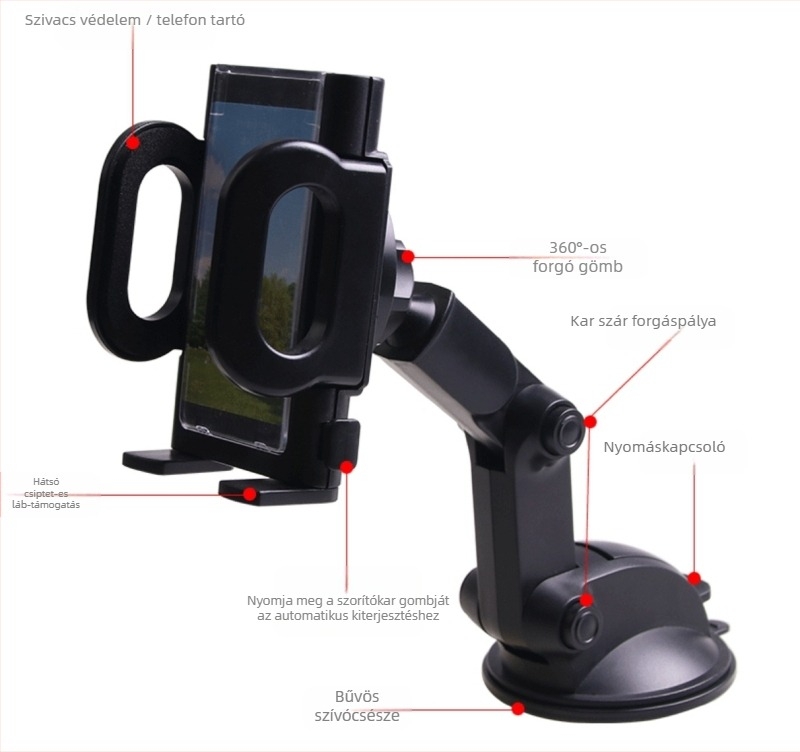 Autótelefon-tartó ventilációs nyíláshoz, forgatható fej, hosszú kar, ABS, modell SD-1121, logó nyomtatása, privát címke lehetőség