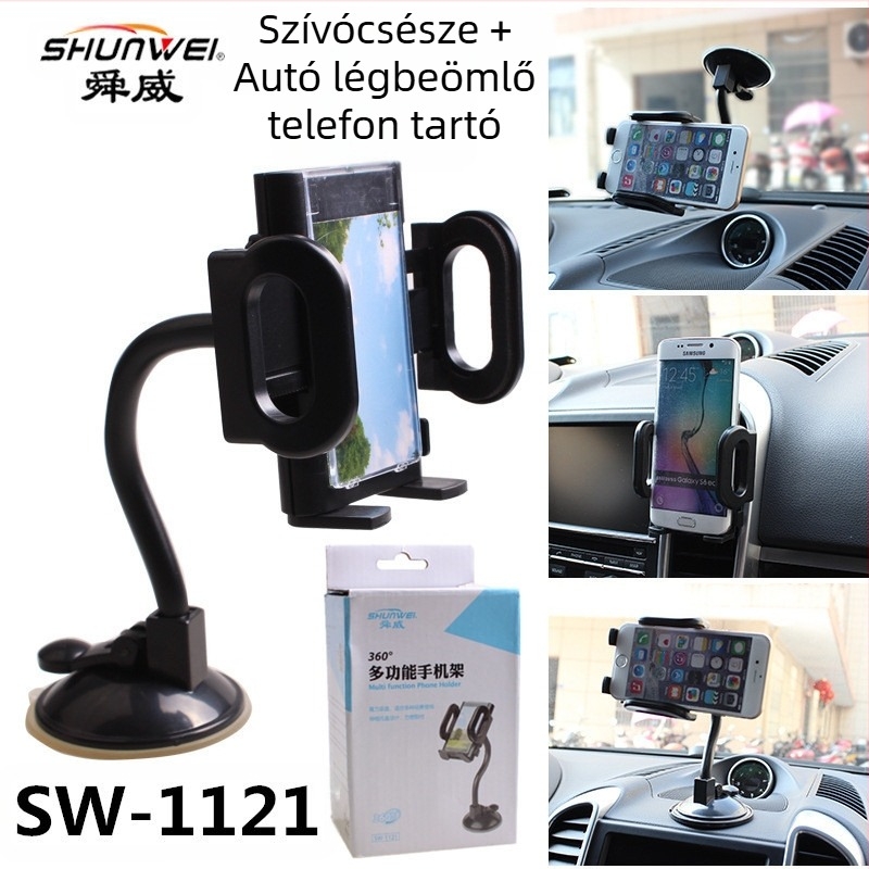 Autótelefon-tartó ventilációs nyíláshoz, forgatható fej, hosszú kar, ABS, modell SD-1121, logó nyomtatása, privát címke lehetőség
