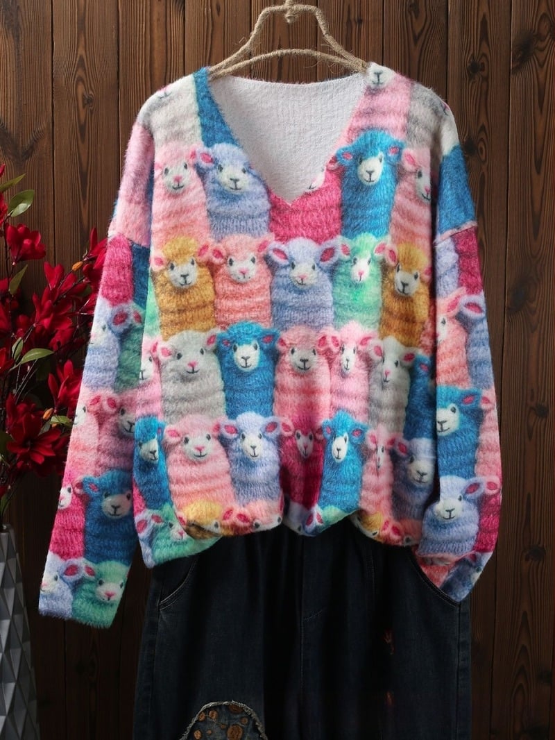 V-nyakú pulóver, állatmintás, poliészter, közepes vastagság, bő fazon, ősz 2024