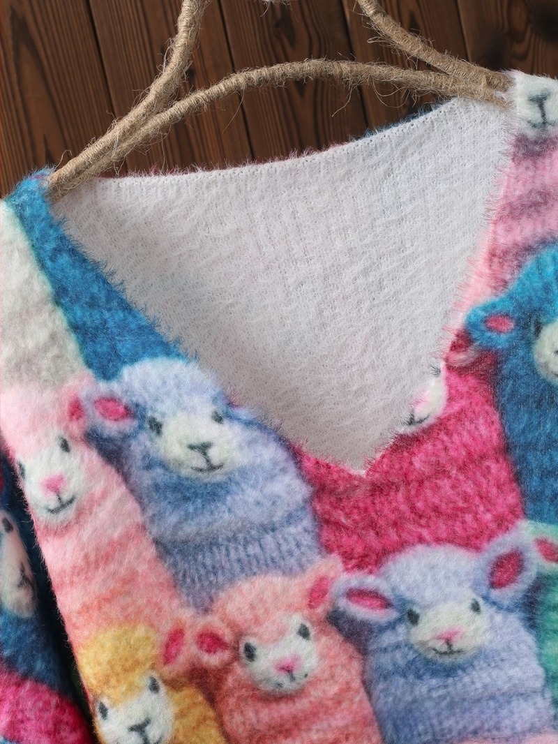 V-nyakú pulóver, állatmintás, poliészter, közepes vastagság, bő fazon, ősz 2024