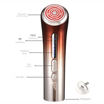 Rádiófrekvás arcápoló készülék ultrahangos tisztítással, vörös fény terápiával és EMS mikroáram masszázzsal – IPX6 vízálló, hordozható