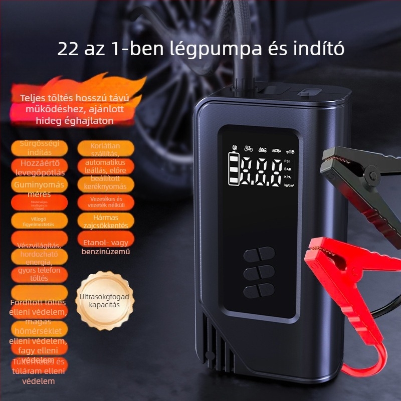 Kézi autó légpumpa, vezeték nélküli, digitális kijelzővel, világítással és USB töltéssel — 14.8V, max 80W, 30 L/perc