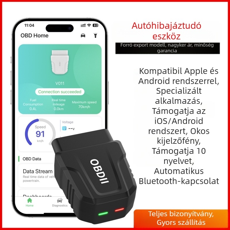 OBD2 diagnosztikai szkenner autókhoz, V011, ELM327-kompatibilis, 9-15V, 0-50°C, OBD2-hoz