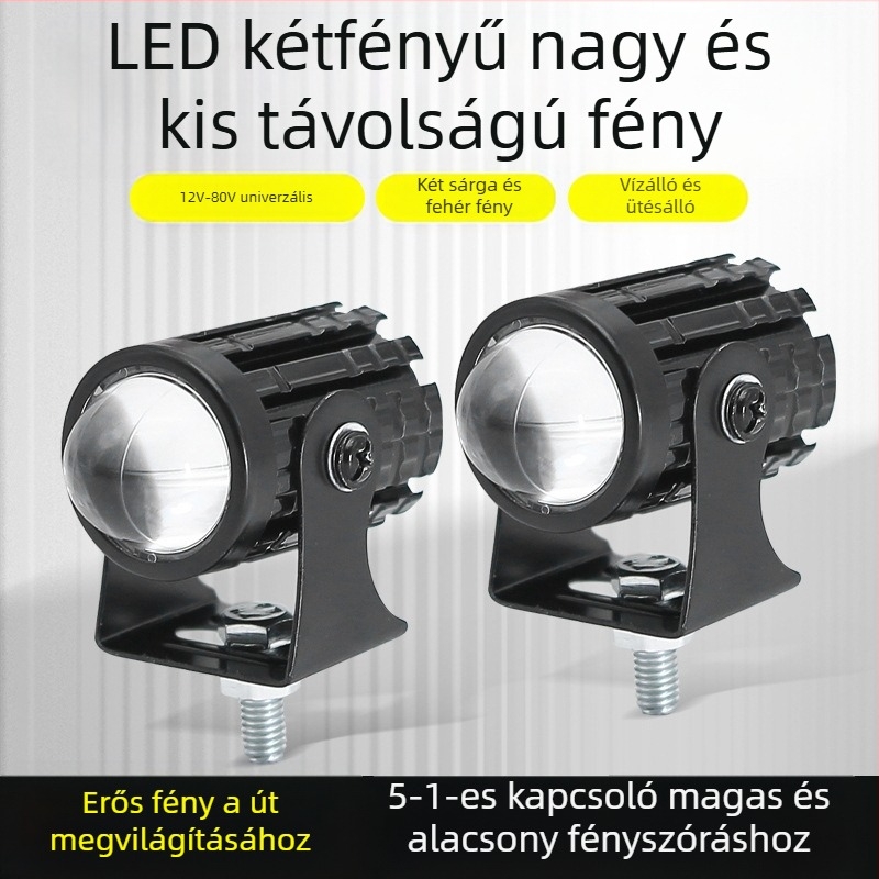 LED motorkerékpár fényszóró, duál színű sárga-fehér, 12-80V (3000lm, 10W, MN-001, vízálló)
