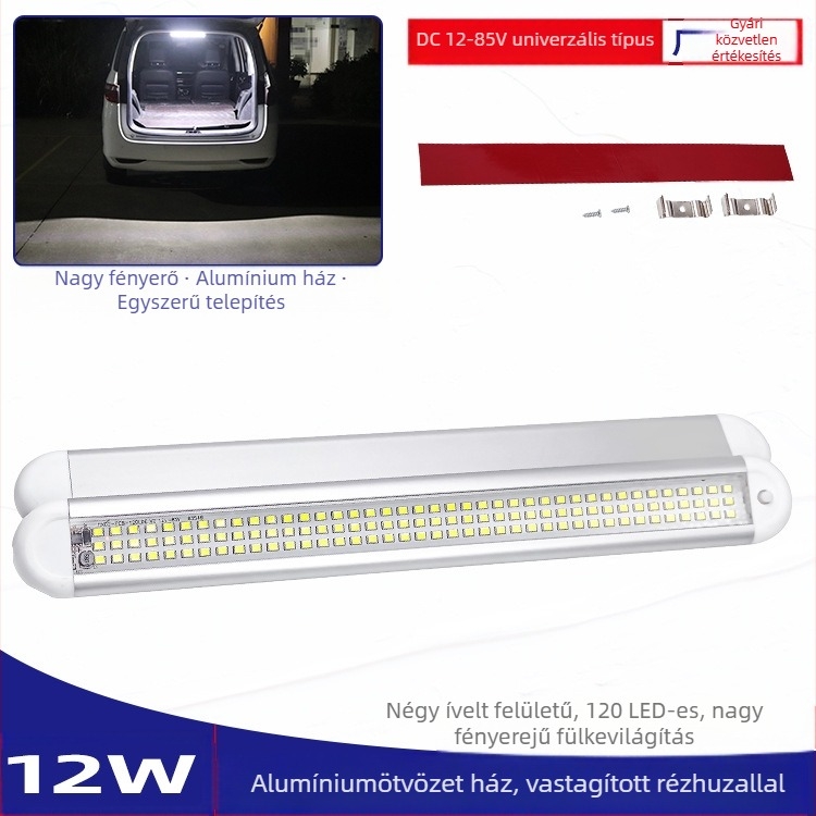 Háromsoros, 120 LED-es belső kabin világítás, 12-85V, olvasólámpa négy görbült alumínium házzal
