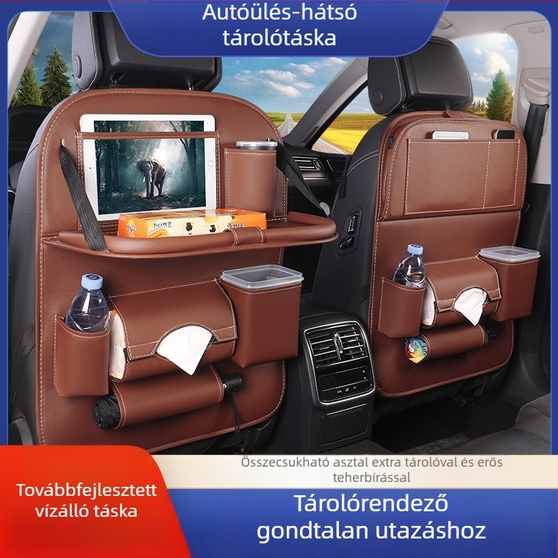 Juntu bőr autóülés hátsó tárolója zsebkendő tartóval és vízálló szemeteszsákkal