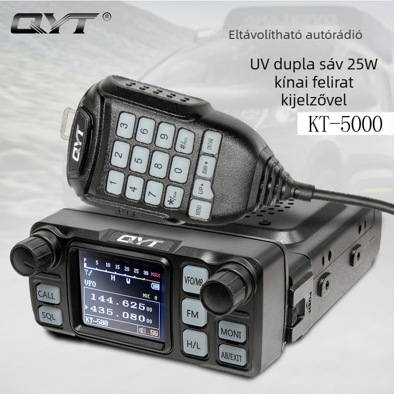 Quanyitong QYT KT-5000 autóba szerelt teljes készülék, 25W, UV frekvenciájú tartomány, 10-50 km hatótávolság