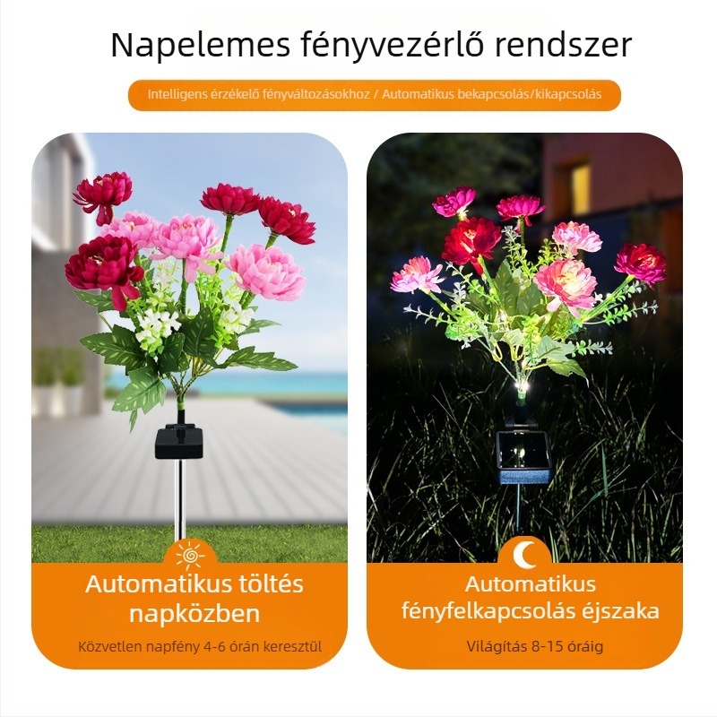 Kültéri napelemes LED Snow Lotus lámpa — ABS, IP65, 0.2W, 6–12h