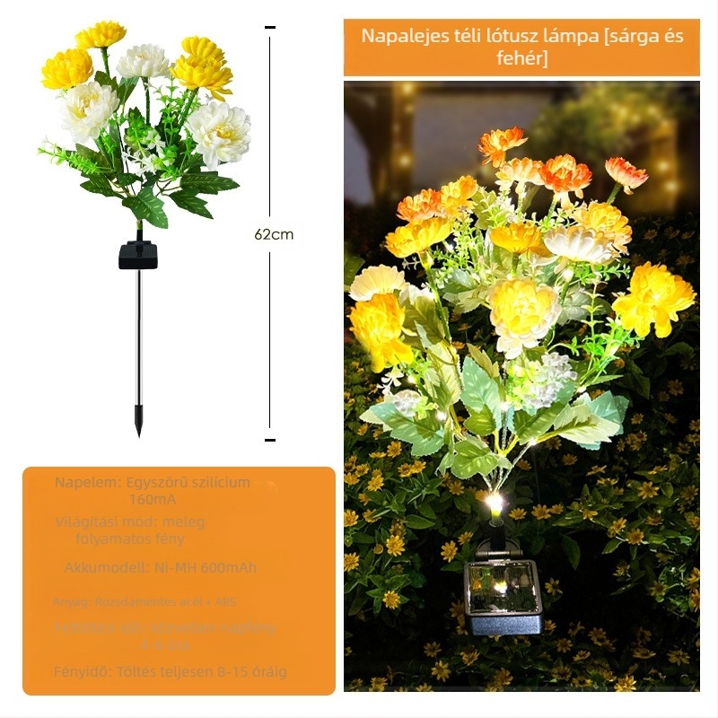 Kültéri napelemes LED Snow Lotus lámpa — ABS, IP65, 0.2W, 6–12h