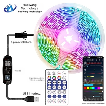 RGB szalag mágikus színekkel, USB 5V, Bluetooth alkalmazásvezérlés, 30/60 LED/m, vízálló