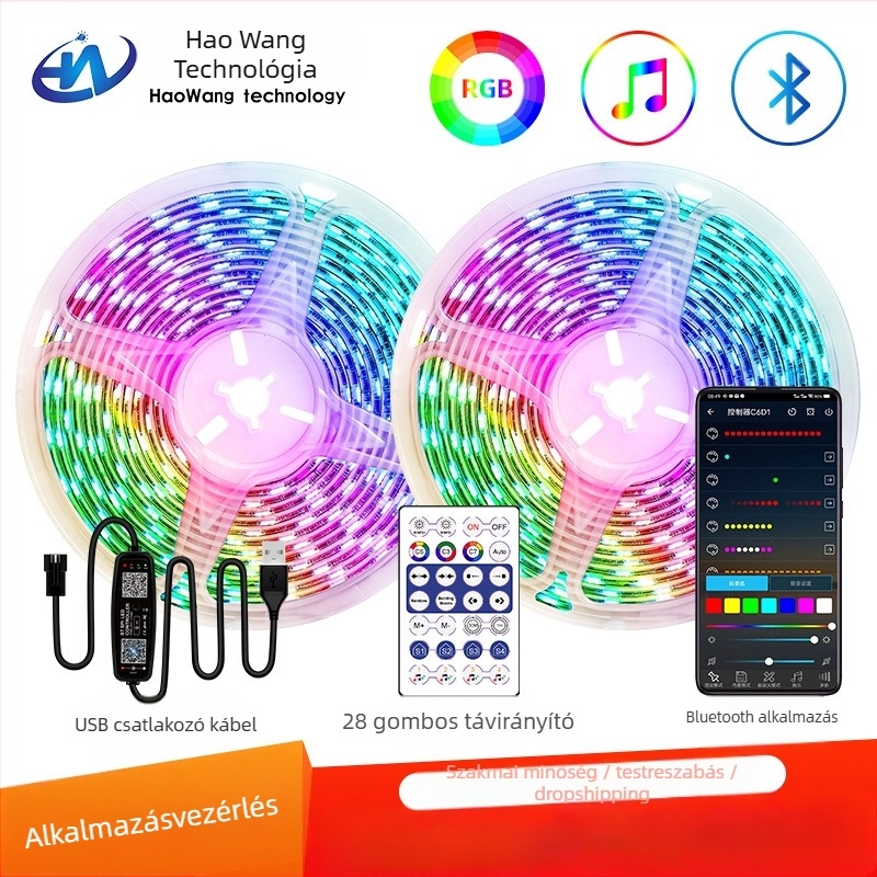 RGB szalag mágikus színekkel, USB 5V, Bluetooth alkalmazásvezérlés, 30/60 LED/m, vízálló
