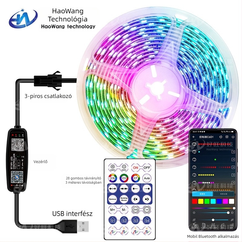 RGB szalag mágikus színekkel, USB 5V, Bluetooth alkalmazásvezérlés, 30/60 LED/m, vízálló