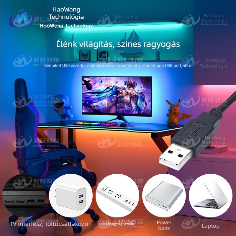 RGB szalag mágikus színekkel, USB 5V, Bluetooth alkalmazásvezérlés, 30/60 LED/m, vízálló