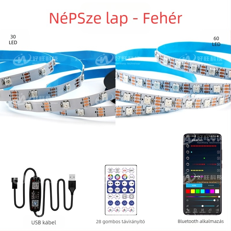 RGB szalag mágikus színekkel, USB 5V, Bluetooth alkalmazásvezérlés, 30/60 LED/m, vízálló