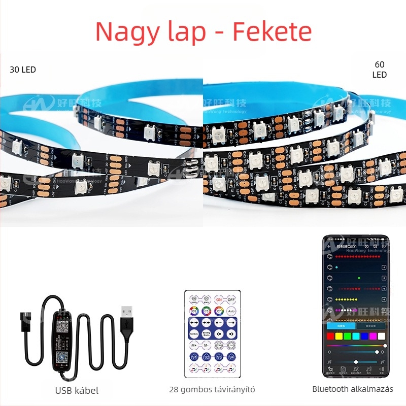 RGB szalag mágikus színekkel, USB 5V, Bluetooth alkalmazásvezérlés, 30/60 LED/m, vízálló