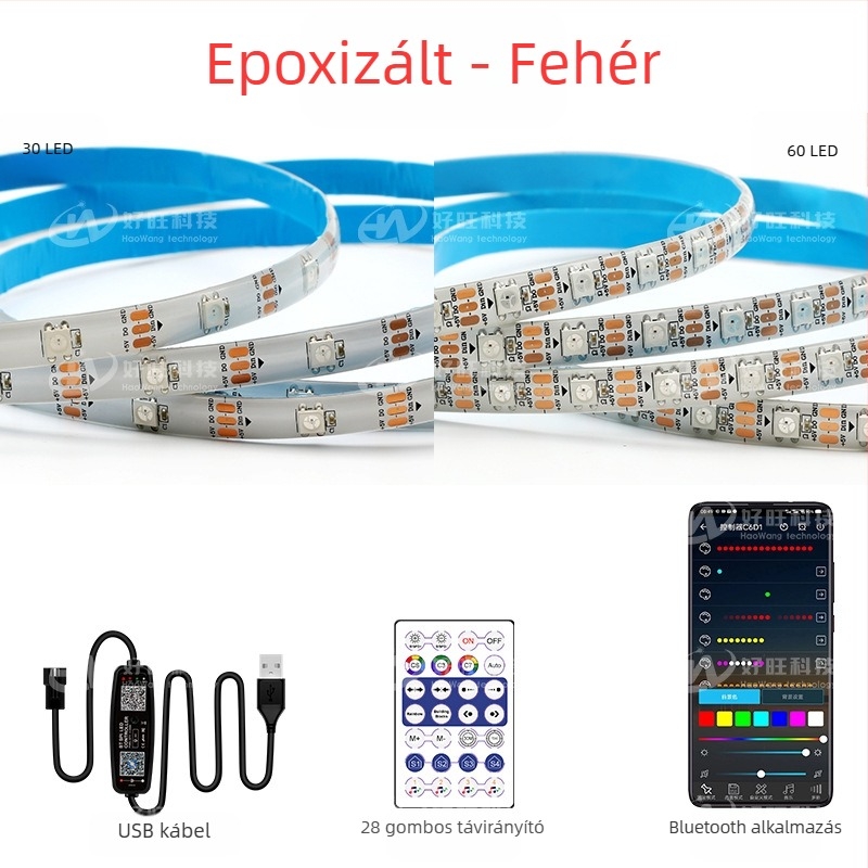 RGB szalag mágikus színekkel, USB 5V, Bluetooth alkalmazásvezérlés, 30/60 LED/m, vízálló