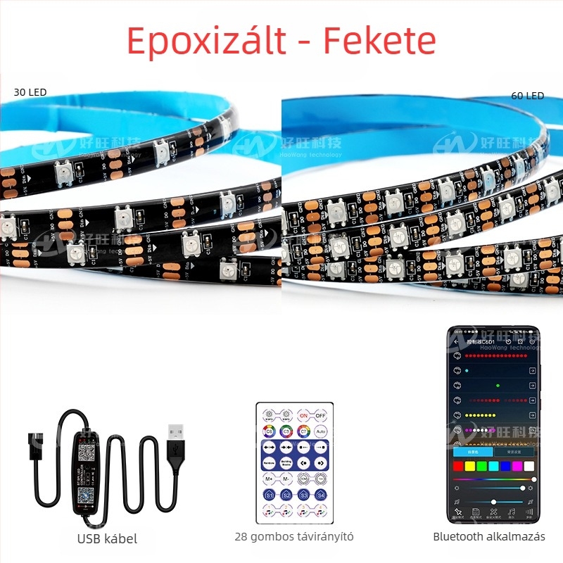 RGB szalag mágikus színekkel, USB 5V, Bluetooth alkalmazásvezérlés, 30/60 LED/m, vízálló