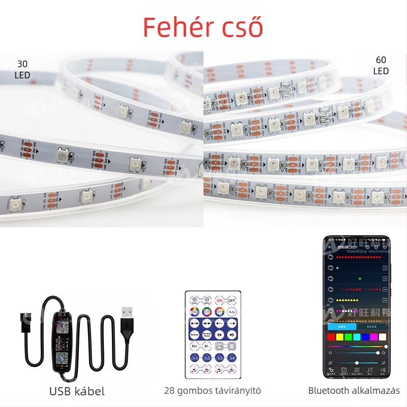 RGB szalag mágikus színekkel, USB 5V, Bluetooth alkalmazásvezérlés, 30/60 LED/m, vízálló