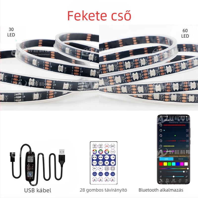 RGB szalag mágikus színekkel, USB 5V, Bluetooth alkalmazásvezérlés, 30/60 LED/m, vízálló