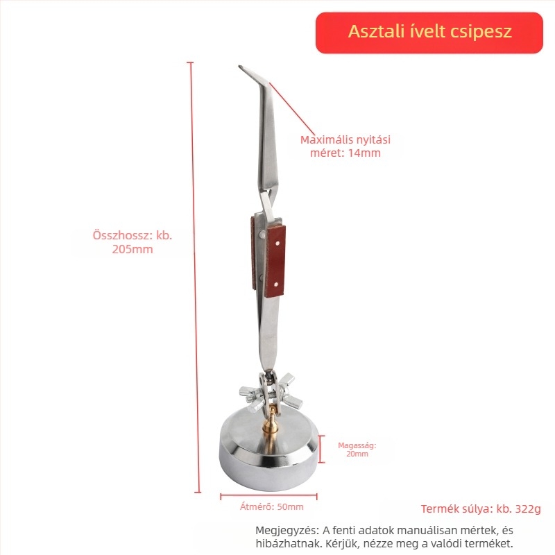 Általános hegesztő csipesz, asztali könyöktípusú kialakítás, visszacsapó klipsz, egyenes és görbült állkapcsokkal, csúszásmentes fogakkal