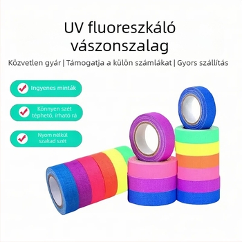 UV fluoreszkáló vászoncsík – alap: vászon, vastagság 0,28 mm, ragasztó gumi-alapú, hosszú távú hőállóság 60°C, jó szakíthatóság