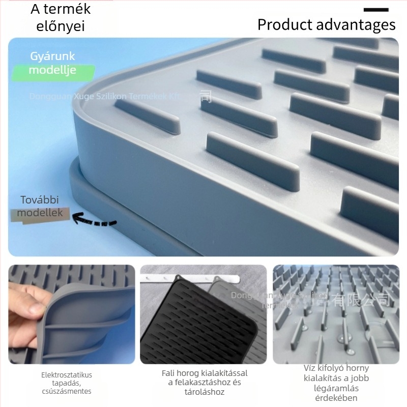 Szilikon négyszögletes mosogatószárítólap lejtős drénnel, csúszásmentes és hőszigetelt