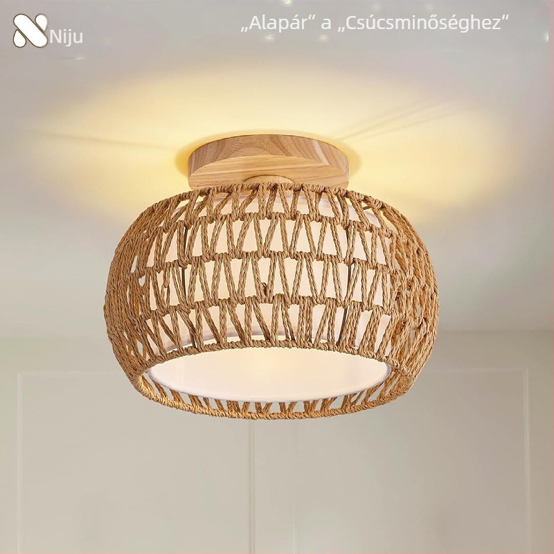 Boho minimalista mennyezeti lámpa rotang árnyékolóval folyosóra és nappaliba; LED világítás, alacsony feszültség ≤36V, lefedettség 15–30㎡, fém test