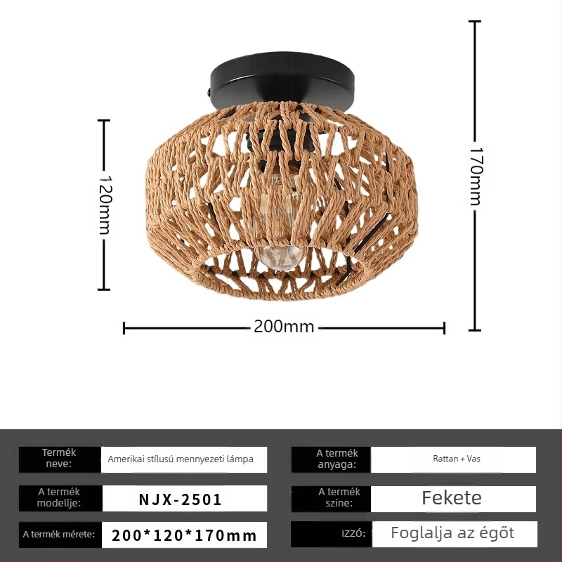 Boho minimalista mennyezeti lámpa rotang árnyékolóval folyosóra és nappaliba; LED világítás, alacsony feszültség ≤36V, lefedettség 15–30㎡, fém test