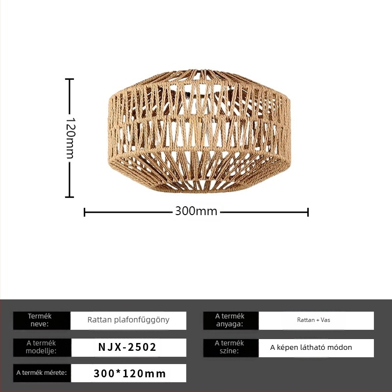 Boho minimalista mennyezeti lámpa rotang árnyékolóval folyosóra és nappaliba; LED világítás, alacsony feszültség ≤36V, lefedettség 15–30㎡, fém test