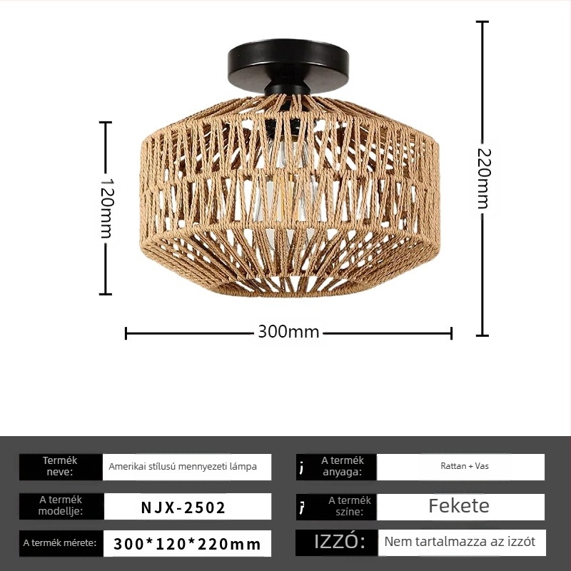 Boho minimalista mennyezeti lámpa rotang árnyékolóval folyosóra és nappaliba; LED világítás, alacsony feszültség ≤36V, lefedettség 15–30㎡, fém test