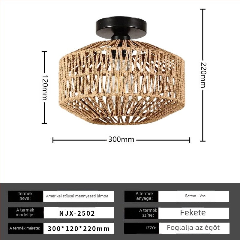 Boho minimalista mennyezeti lámpa rotang árnyékolóval folyosóra és nappaliba; LED világítás, alacsony feszültség ≤36V, lefedettség 15–30㎡, fém test