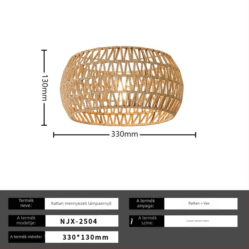 Boho minimalista mennyezeti lámpa rotang árnyékolóval folyosóra és nappaliba; LED világítás, alacsony feszültség ≤36V, lefedettség 15–30㎡, fém test