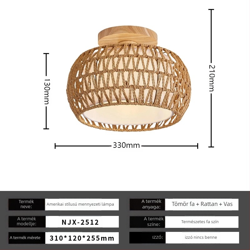 Boho minimalista mennyezeti lámpa rotang árnyékolóval folyosóra és nappaliba; LED világítás, alacsony feszültség ≤36V, lefedettség 15–30㎡, fém test