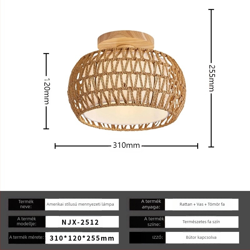 Boho minimalista mennyezeti lámpa rotang árnyékolóval folyosóra és nappaliba; LED világítás, alacsony feszültség ≤36V, lefedettség 15–30㎡, fém test